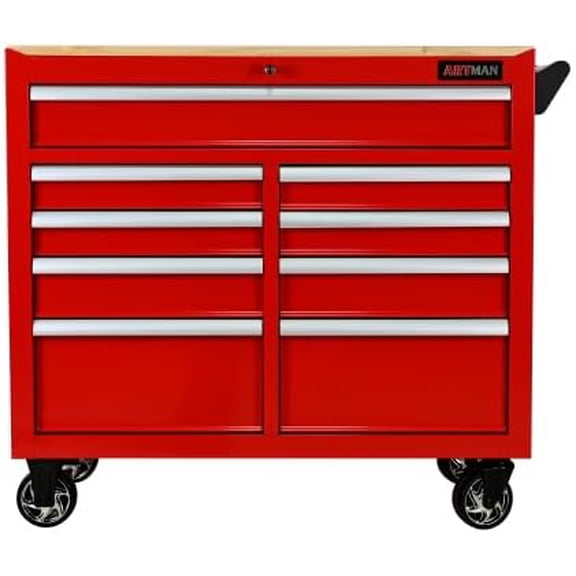 Rolling Tool Chest, Wooden Top for Garage,Red | 9-Drawer Large Tool Cabinet with Wheels, Heavy Duty Metal Tool Box Workbench for Workshop