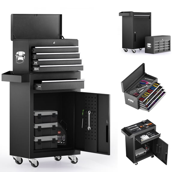 5-Drawer Rolling Tool Chest, Stainless Steel Tool Box with Brake Wheels and 4 Drawers, Black Detachable Tool Cart, Black