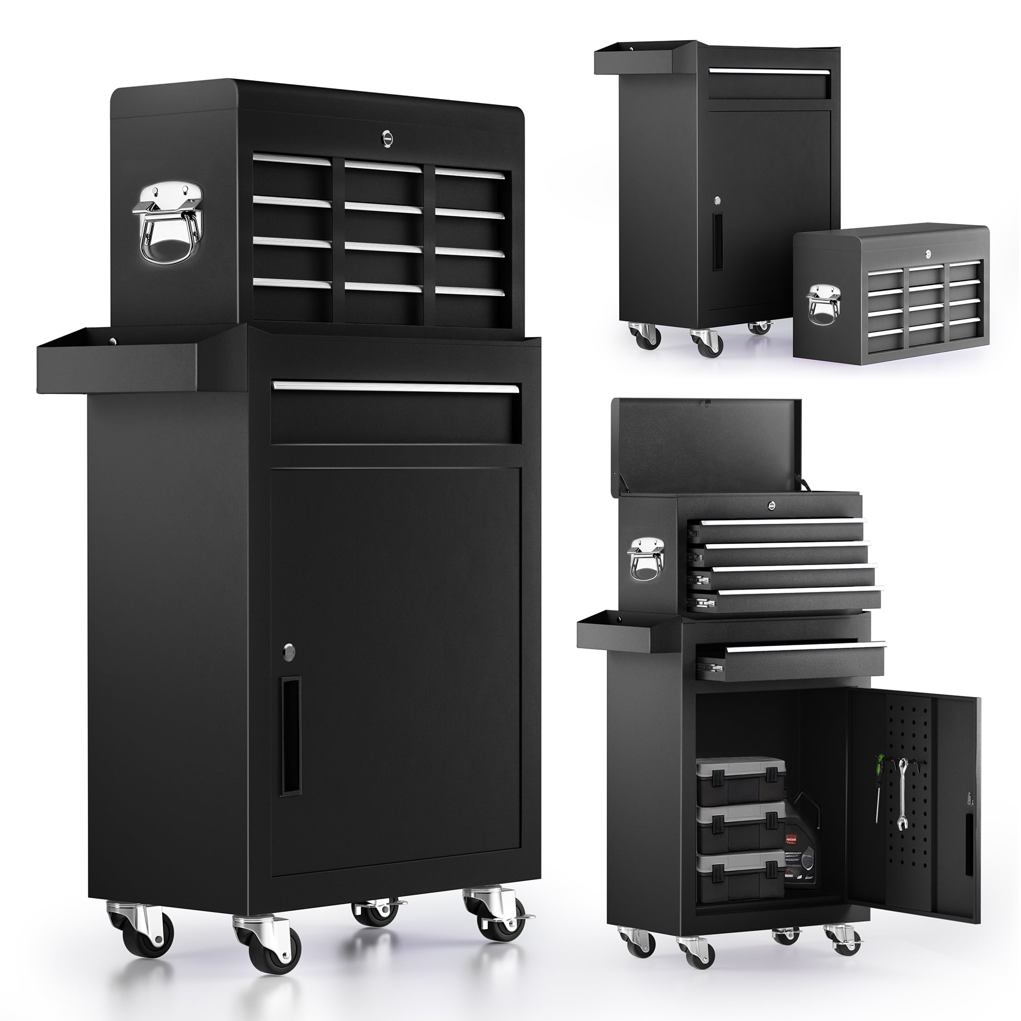 Enyopro 5-Drawer Rolling Tool Chest, Stainless Steel Tool Box with Brake Wheels and 6 Drawers, Detachable Tool Cart, Black