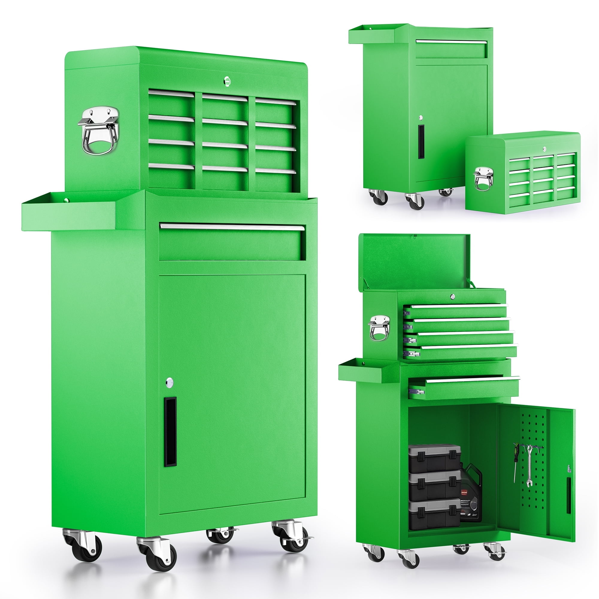 Enyopro 5-Drawer Rolling Tool Chest, Stainless Steel Tool Box with Brake Wheels and 5 Drawers, Detachable Tool Cart, Green