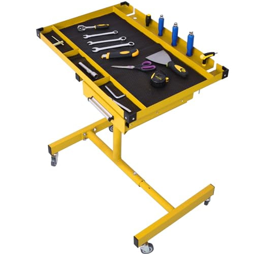 Rolling Tool Tray with Wheels, Heavy Duty Adjustable Work Table with