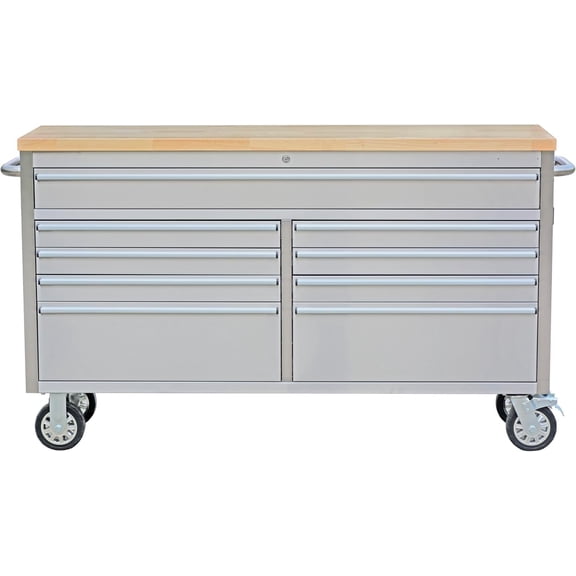 Rolling Tool Workbench Cabinet – 61 Inch Heavy Duty with 10 Drawers, Sturdy Rubber Wood Top, Power Strip – 1675 lbs Load, Mobile Storage for Garage and Workshop