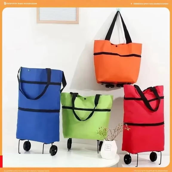 Rolling Tote Bag with Wheels, Green Foldable Grocery Bag, Collapsible Shopping Cart for Grocery Shopping, Home and Travel Use