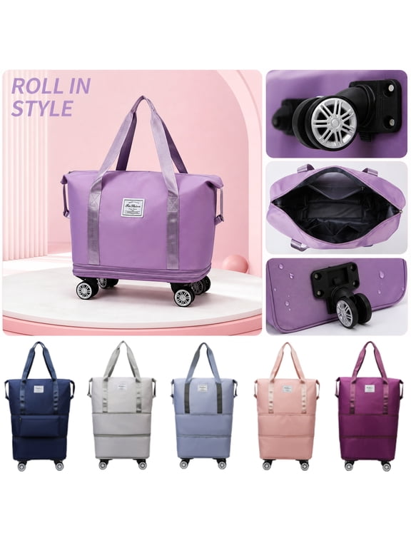 Rolling Tote Bag with Wheels, Navy Oxford Fabric Expandable Carry on Bag, Lightweight Travel Tote for Weekend Overnight Trip Vacation, 1 Pack