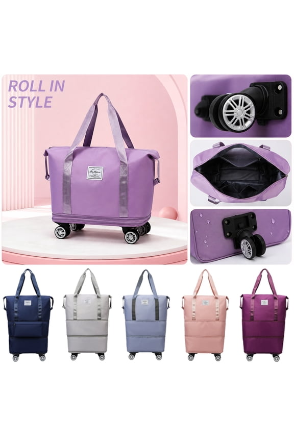 Rolling Tote Bag with Wheels, Pink Oxford Fabric Expandable Carry on Travel Tote, Lightweight Overnight Weekender Bag for Vacation Trip, 1 Pack