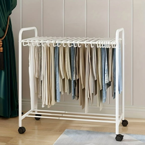 Rolling Trolley Clothes Organizer with 24 Hooks - Stretchable Metal Hanger for Jeans, Trousers & Skirts, Space-Saving Wardrobe Storage, Black & White, Clothes Hangers