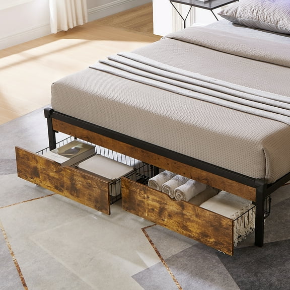 Rolling Under Bed Storage Drawers for Full Bed, Two Drawers, Metal Frame with MDF, Maximize Bedroom Storage Space, Brown + Black