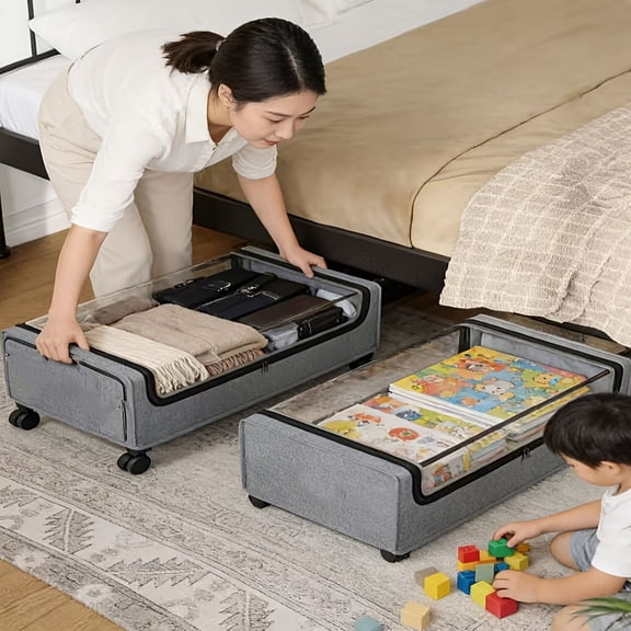 Rolling Under-bed Storage Box w/Wheels for Clothes, Blankets, Books, Toys, Bedding, Shoes - Gray Organizer Container