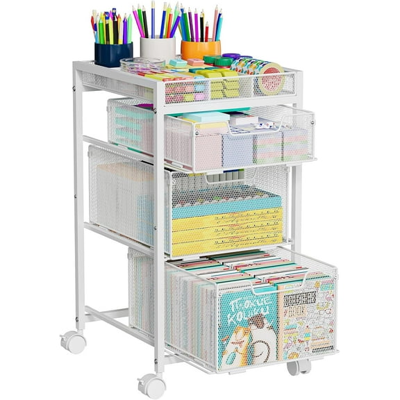 Rolling Utility Cart with 3 Drawers, Craft Organizer and Storage with DIY Divider, Lockable Wheels, Multi-Functional Storage for Art Supplies, Store for Brushes & Paints & Artifacts,White
