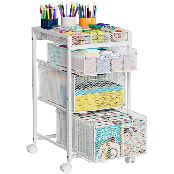 Rolling Utility Cart with 3 Drawers, Craft Organizer and Storage with DIY Divider, Lockable Wheels, Multi-Functional Storage for Art Supplies, Store for Brushes & Paints & Artifacts,White
