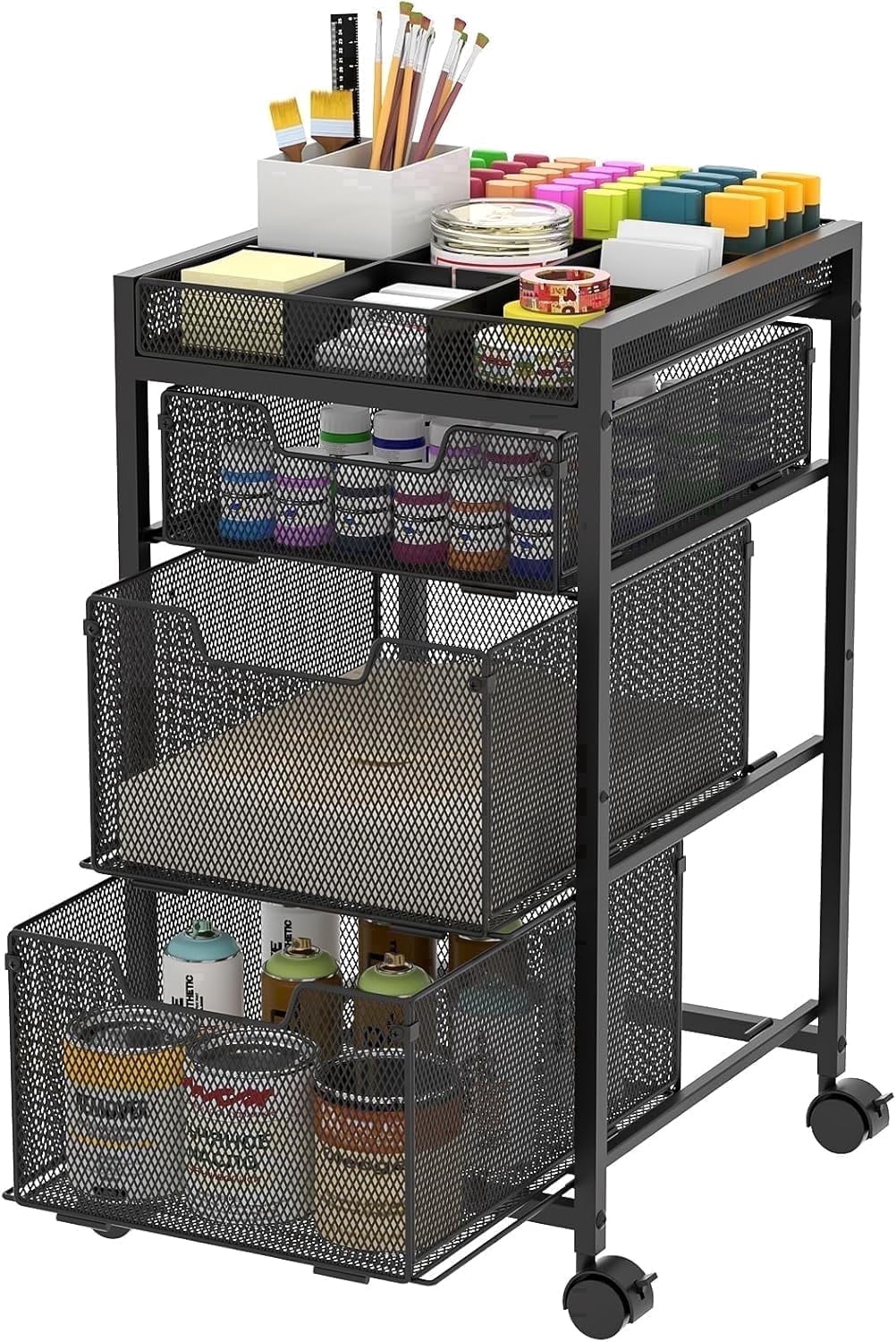 X-COSRACK 3-Drawer Rolling Utility Cart, Heavy-Duty Metal Craft Storage Organizer with DIY Adjustable Dividers & Wheels, Black