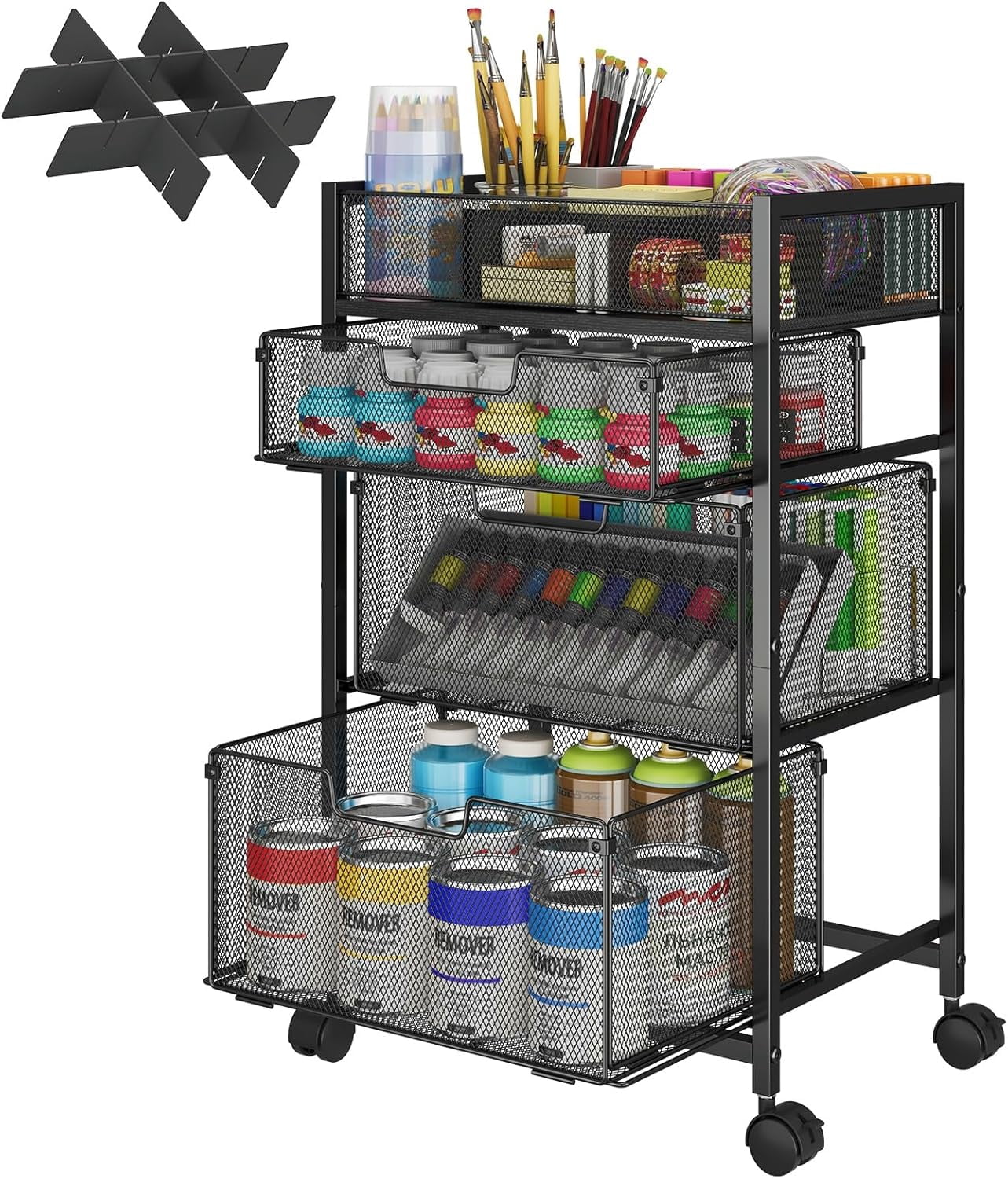 Rolling Utility Cart with 3 Drawers, Craft Organizer and Storage with DIY Divider, Lockable Wheels, Multi-Functional Storage for Art Supplies, Store for Brushes & Paints & Small Parts