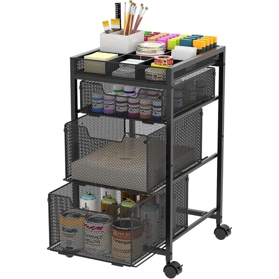 X-COSRACK 3-Drawer Rolling Utility Cart, Heavy-Duty Metal Craft Storage Organizer with DIY Adjustable Dividers & Wheels, Black