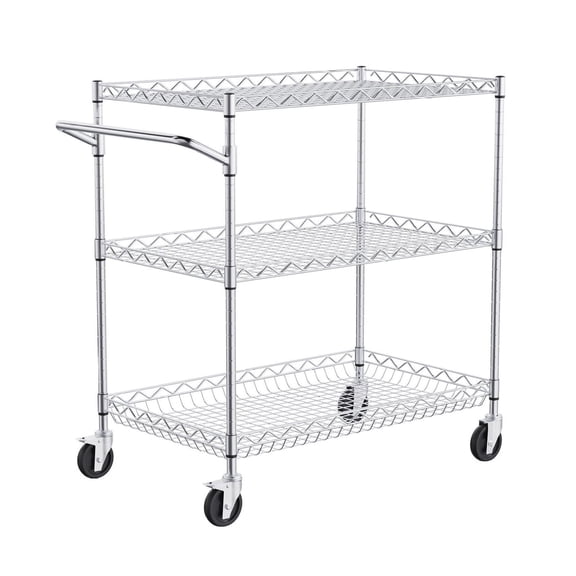 Rolling Utility Cart 3 Tier - 30x18x32.4 Inch Metal Cart on Wheels - 661 LBS Capacity - Deepened Baskets, Curved Handle - Home, Kitchen, Office, Garage
