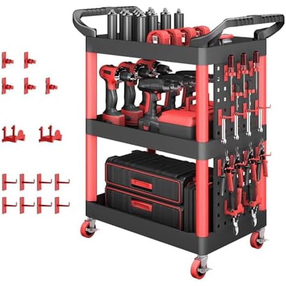 Rolling Utility Cart | 3-Tier Utility Cart on Wheels | Mechanic Rolling Tool Cart on Wheels | Detailing Carts | Work Carts for Garages,Warehouses,Repair Shops | with Pegboard | 440 Lbs$$Office