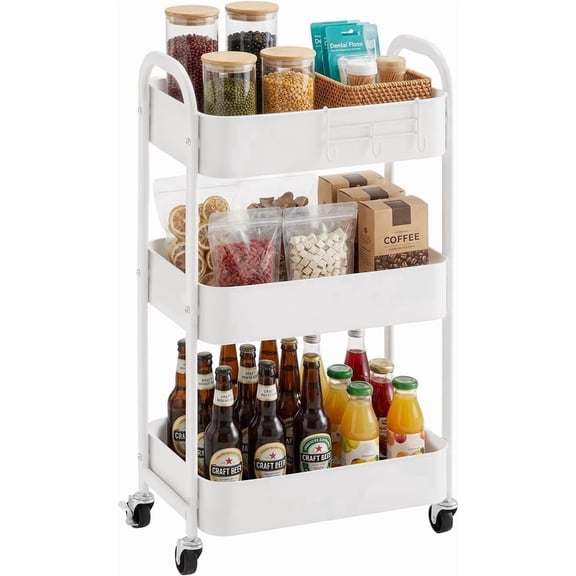 Rolling Utility Cart 3 Tier with Wheels White Storage Cart for Kitchen and Bathroom Easy Assembly Metal Organizer Cart with Lockable Casters
