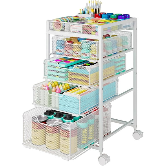 Rolling Utility Cart with 4 Drawers, Craft Organizer and Storage Carts with DIY Divider, Lockable Wheels Storage Organizer for Art Supplies, Store for Brushes & Paints & Artifacts, White