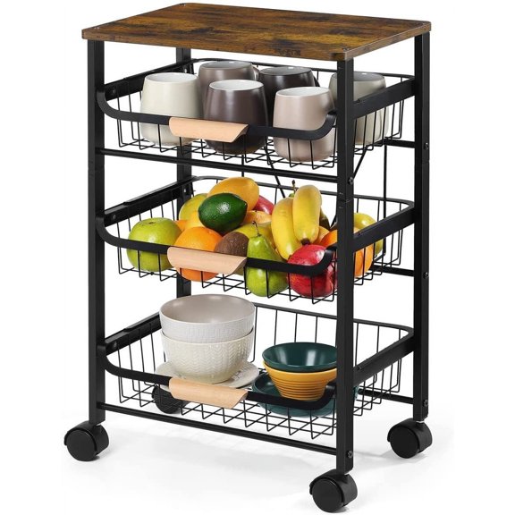 Rolling Utility Cart 4 Tire Fruit Storage Basket Kitchen Serving Storage Cart
