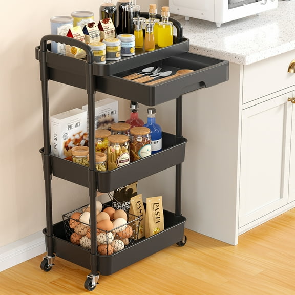 Cshidworld Rolling Utility Cart with Drawer 3 Tier, Rolling Cart with Lockable Wheels, Storage Shelves Organizer Cart, Multifunctional Storage Cart for Kitchen Bathroom Office Living Room Black