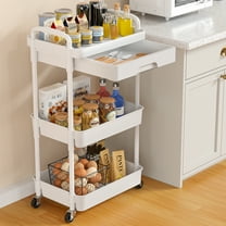 Cshidworld Rolling Utility Cart with Drawer 3 Tier, Rolling Cart with Lockable Wheels, Storage Shelves Organizer Cart, Multifunctional Storage Cart for Kitchen Bathroom Office Living Room White