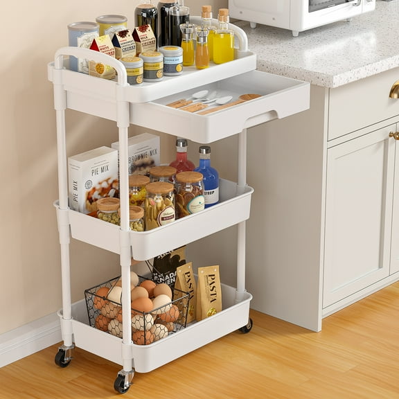 Cshidworld Rolling Utility Cart with Drawer 3 Tier, Rolling Cart with Lockable Wheels, Storage Shelves Organizer Cart, Multifunctional Storage Cart for Kitchen Bathroom Office Living Room White