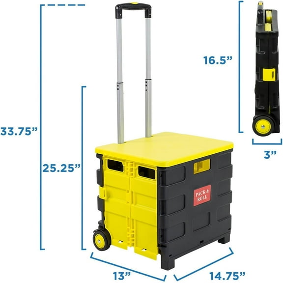 Rolling Utility Cart with Lid - Foldable Collapsible Crate on Wheels, 55 lb Capacity, Portable Handcart for Groceries, Office, Teacher, and Travel Use