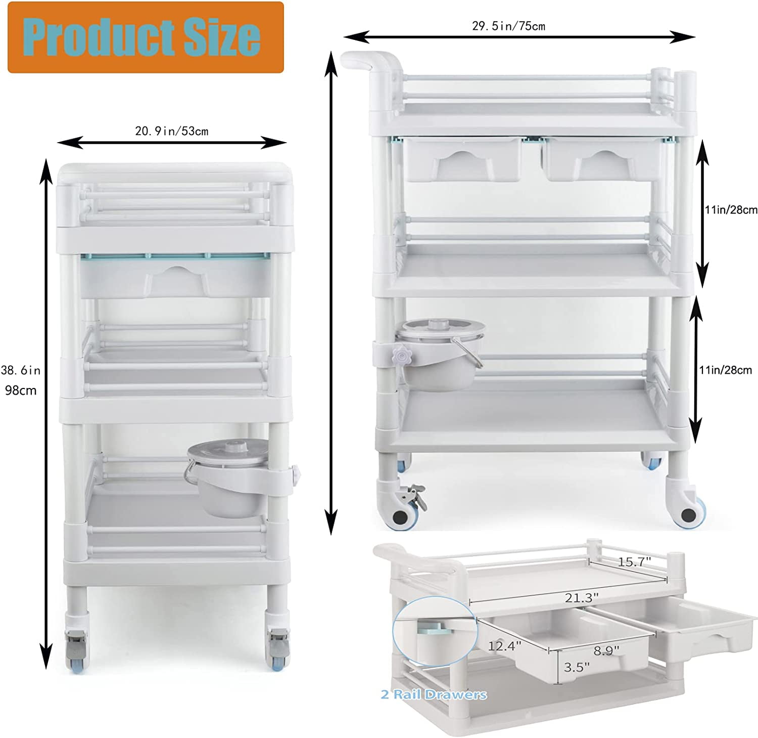 Rolling Utility Cart, Medical Utility Cart with Drawers,3Tier