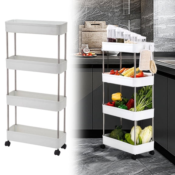 Rolling Utility Cart,Mobile Multi-Functional Storage Rack Cart with Wheels for Kitchen, Bathroom, Laundry Room Narrow Place, and Stainless Steel,White (4-Tier)