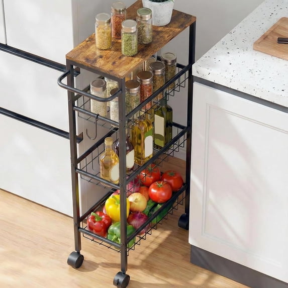 Rolling Utility Cart, Slim Narrow Storage Cart with Wheels for Kitchen, Laundry Room Organization, Metal Organizer with Wood Top, Brown