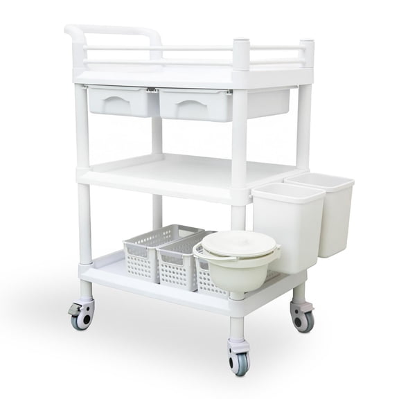 Rolling Utility Trolley, 3 Shelf White Plastic Mobile Medical Cart, 110 lbs Service Cart, Silent Lock Casters, Removable Drawers, Waste Bucket, Baskets for Physio Clinic, Office