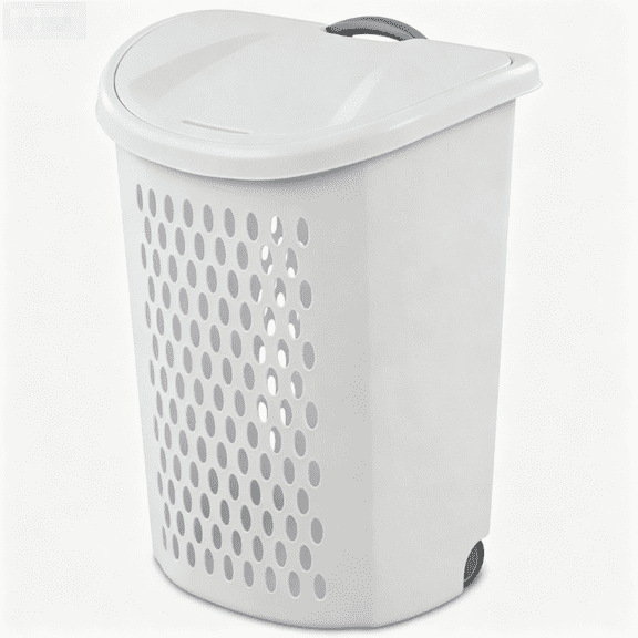 Rolling Ventilated Plastic Laundry Hamper with Lid and Pull Handle, Wheeled Clothes Storage Basket for Bedroom Dorm Laundry Room