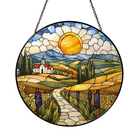 Rolling Vineyard Hills Stained Glass Window Hanging, Rustic Landscape Nature Suncatcher Gift