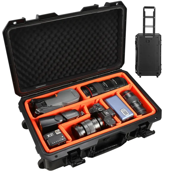 Rolling Waterproof Travel Camera Case Drone Photo Kit Hard Case with Padded Dividers and Wheels Dustproof/Impact Resistant,Allowed on Board 22.7 x13.8 x 8.07 Black