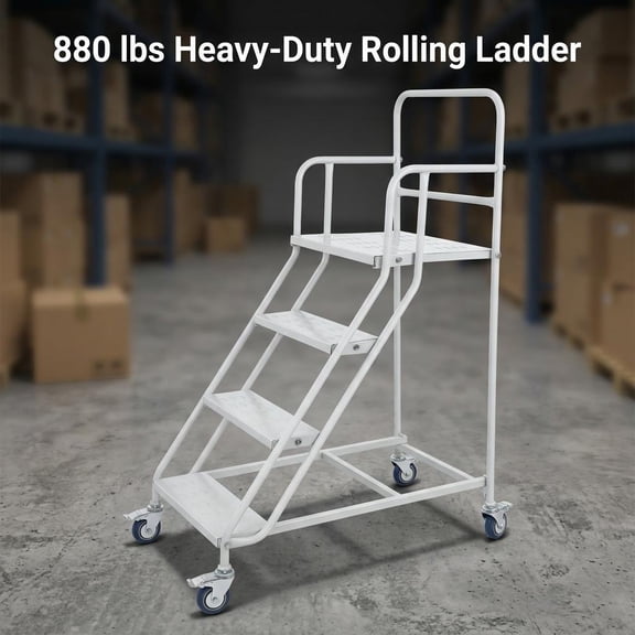 Rolling Wheeled Step Stool,28in W x 50in H, 4 Tier White Steel Anti-Slip Ladder with Safety Handrails, Stable Platform Stool, 880lbs Load Capacity, Easy Transport for Bookstore Industrial Inventory