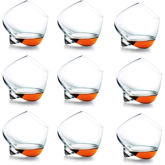 Rolling Whiskey Glasses, Old Fashioned Tumbler Tilted Whiskey Glasses Bar, Unique Stemless Clear Spinning Wine Glass Used for Scotch, Whiskey, Bourbon, Wine,9pcs