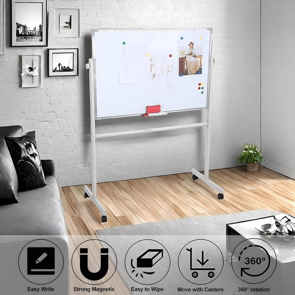Rolling White Board with Stand 24 x 36, Magnetic Dry Erase Board on Wheels, Double Sided Mobile Whiteboard Easel, Height Adjustable Standing Board for Classroom Office Home (White)$$Office