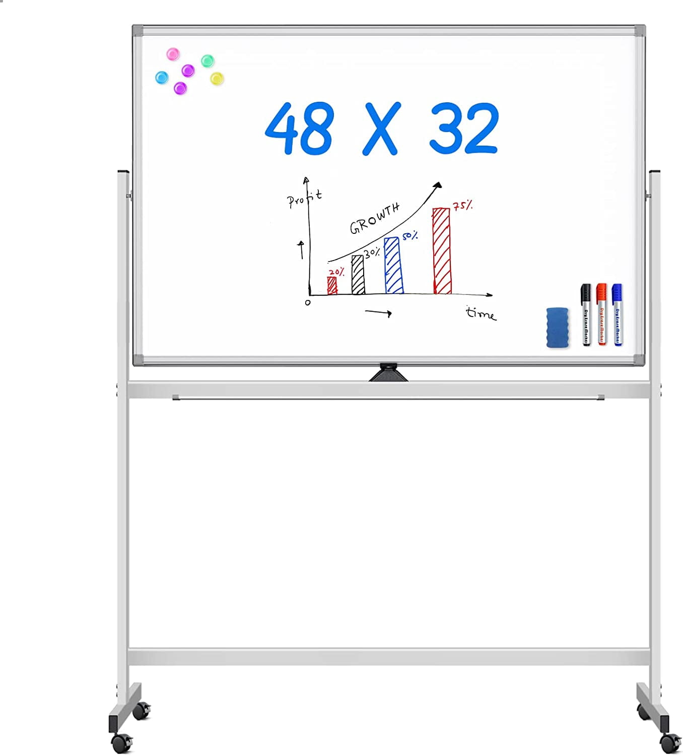 Rolling White Board on Wheels 48x32 inch Double Side Magnetic Dry Erase ...
