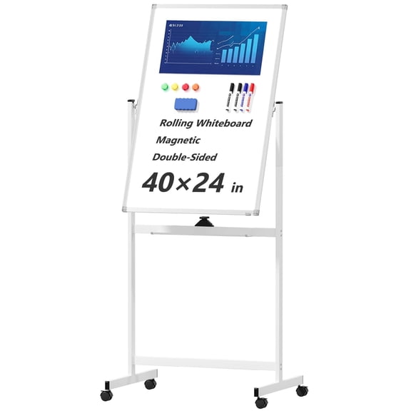Tooloton Rolling Whiteboard, 40x24 Inches, Double-Sided, Rolling with Stand, Silver