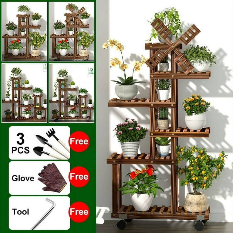 4-Layer Rolling Wooden Flower Stand Display Stand Shelf Ladder Indoors & Outdoors 4-Layer Rolling Wooden Flower Stand Display Stand Shelf Ladder Indoors & Outdoors