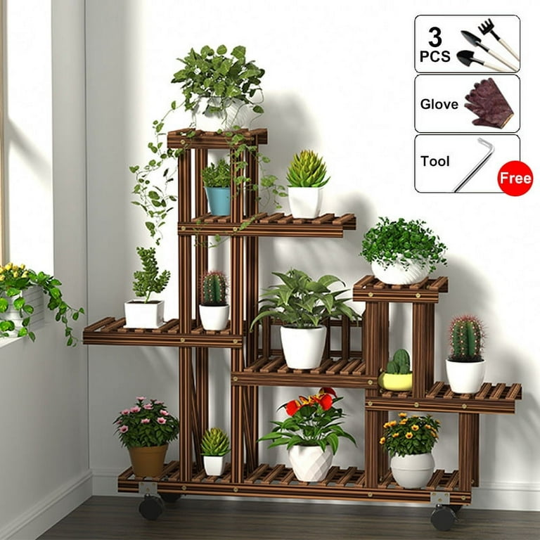 4-Layer Rolling Wooden Flower Stand Display Stand Shelf Ladder Indoors & Outdoors 4-Layer Rolling Wooden Flower Stand Display Stand Shelf Ladder Indoors & Outdoors