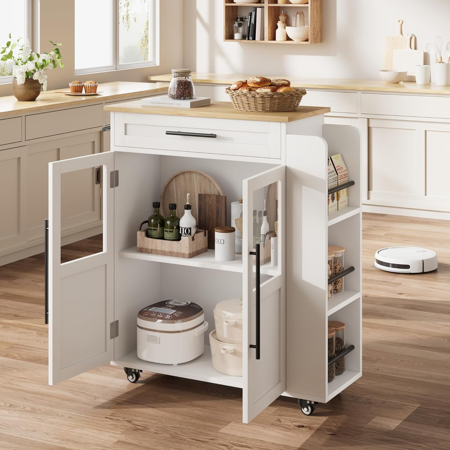 Rolling Wooden Kitchen Island with Drawer, Home Kitchen Cart with Storage Cabinet on Wheels, Thicker Wooden Top Portable Trolley Island with 3 Spice Rack for Kitchen, Dining Room