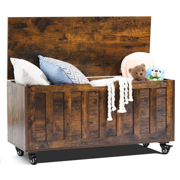 Rolling Wooden Storage Chest Bench Organizer Box With Safety Hinges And Lockable Caster Wheels For Bedroom Living Room, Rustic Farmhouse Style, Rustic Brown, 1 Piece