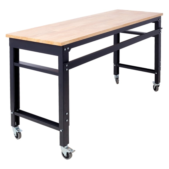 Rolling Workbench 60 Inch - Garage Workbench Adjustable Height - Heavy Duty Metal Wood Top Workshop Tool Cart