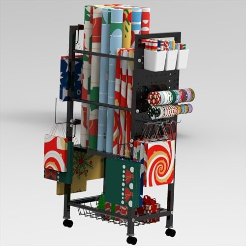 Rolling Wrapping Paper Organizer Cart with Pegboard & Storage Baskets, Gift Wrap Station with Hooks, Holders, Wheels & Containers for Ribbons, Bags, Craft Supplies Gift Wrapping Station+++