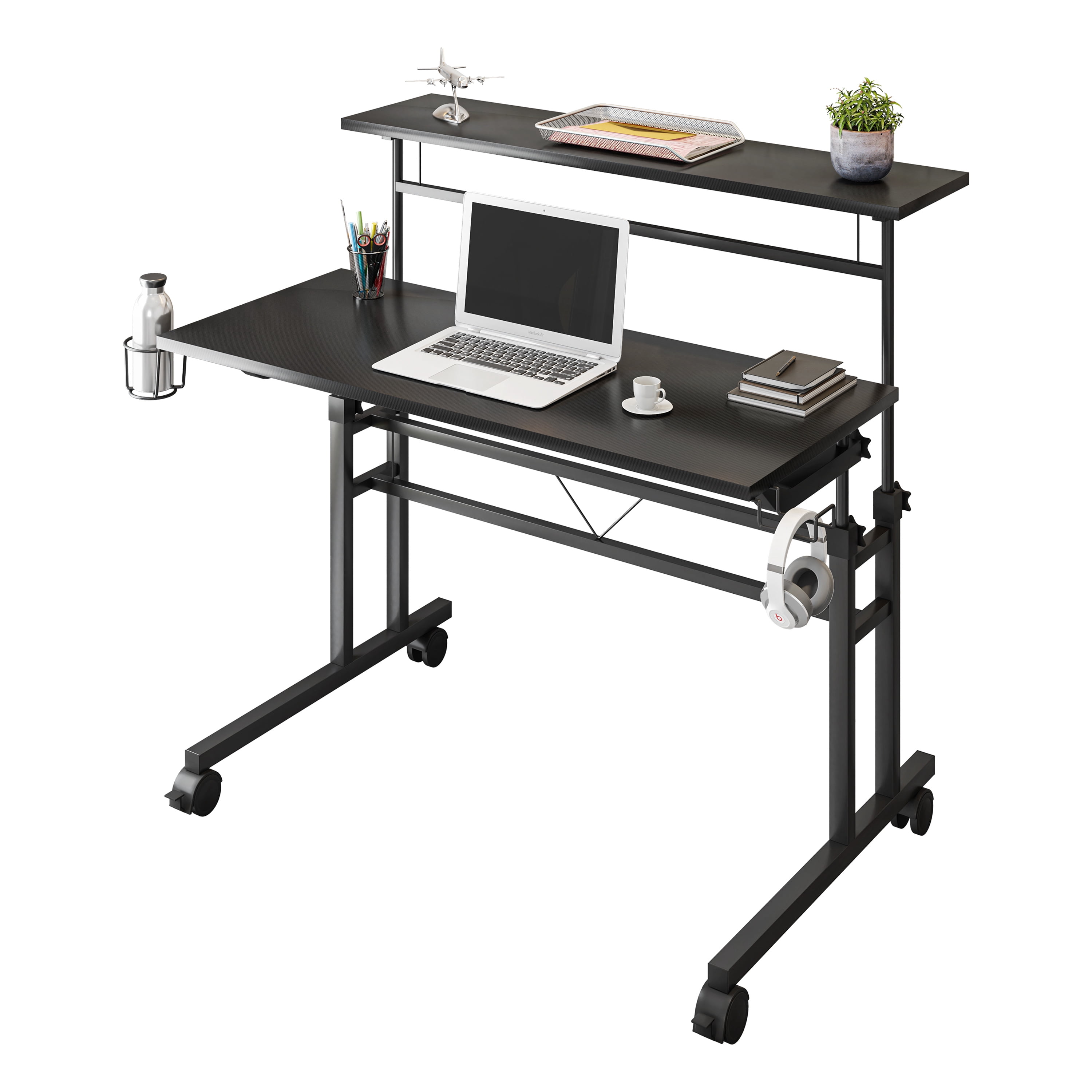 Rolling Writing Desk with Height Adjustable Desktop and Moveable Shelf, Black