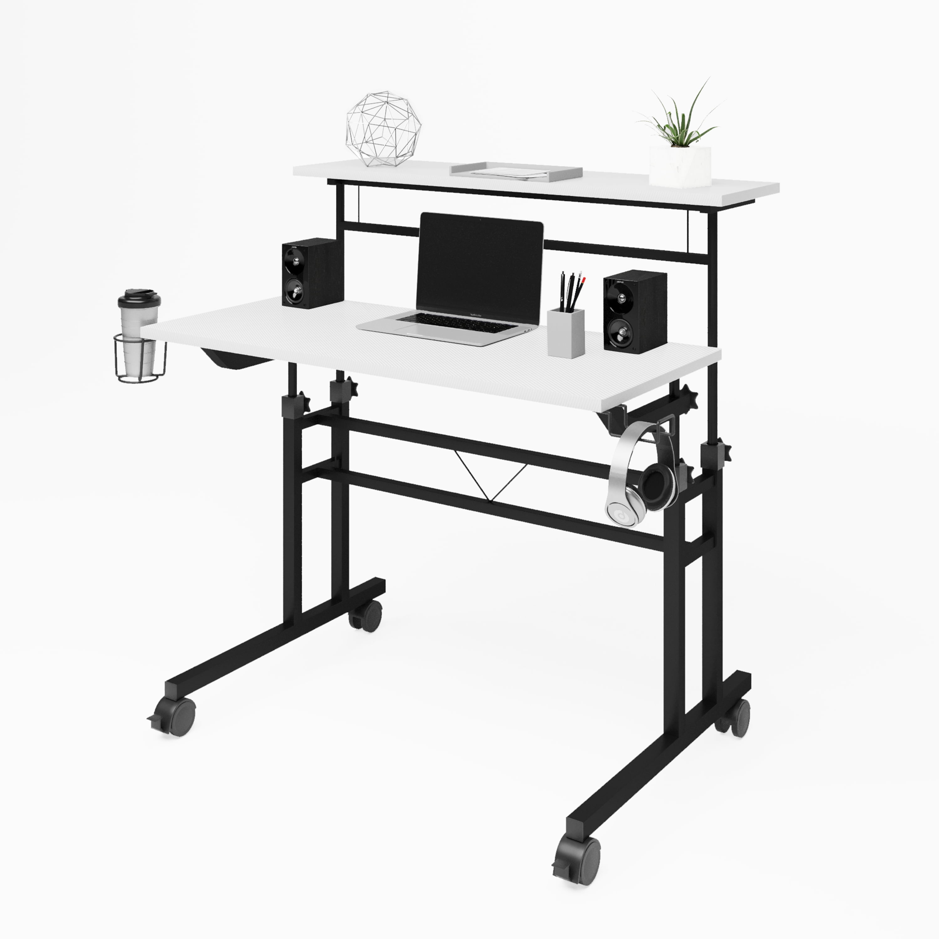 Rolling Writing Desk with Height Adjustable Desktop and Moveable Shelf, White