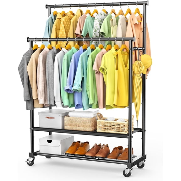 Rolling clothes hanger with double rods, heavy-duty metal construction, 350 lb load capacity, locking wheels, freestanding hangers, two shelves, and side hooks, black.