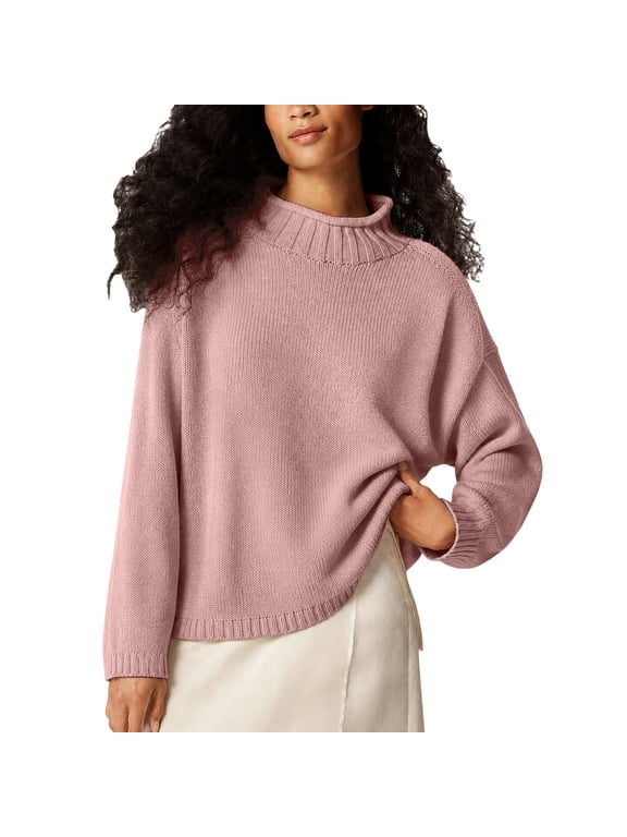 Rollneck Sweater Womens Long Sleeve Knitted Pullover High Low Hem Trendy 2026 Fall Womens Oversized Fall Winter Knitwear, Cable Soft Sweater by Duoif