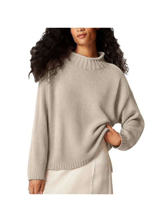 Rollneck Sweater Womens Long Sleeve Knitted Pullover High Low Hem Trendy 2026 Fall Womens Oversized Fall Winter Knitwear, Cable Soft Sweater by Duoif