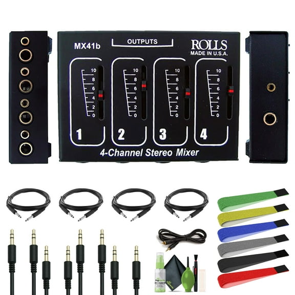 Rolls MX41b Stereo Four Channel Passive Mixer Bundle with 4-Channel Audio Splitter + Wire Straps + AUX Cable + 1/4 inch TRS + Audio Cable 3.5mm 1/8 inch Mono Male to RCA Mono Male Connectors and more